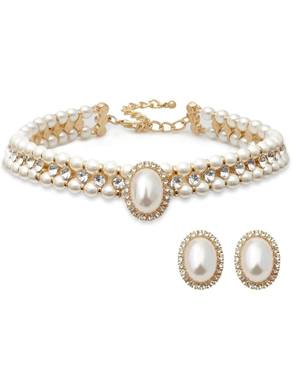 Layered Twisted Gold Pearl Choker & Chunky Glass Statement Necklace Set - Gift